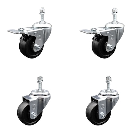Service Caster 3 Inch SS Soft Rubber 3/8 Inch Threaded Stem Caster Total Lock Brake SCC, 2PK SCC-SSTSTTL20S314-SRS-381615-2-S2